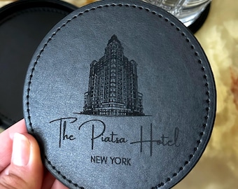 Custom Engraved Coaster Set Corporate Promotional Items Corporate Swag Custom Logo Merch Hotel Branding Leather Coaster Set Branded Merch