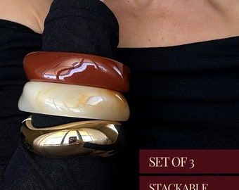 Chunky Bangle Set Trendy Jewelry Birthday Gift For Her Statement Jewelry Holiday Gift Idea Thick Brown Bangle Wide Gold Mothers Day Gift