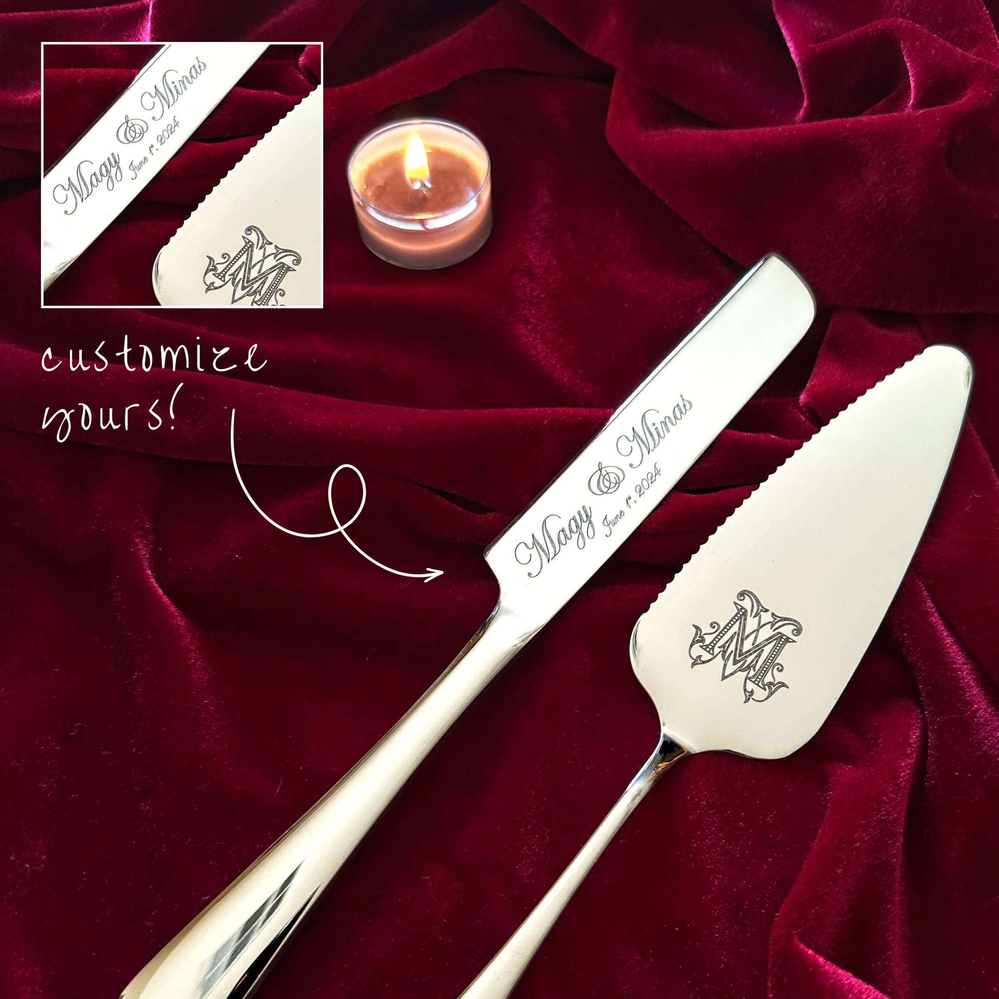 Couteau Et Serveur à Gâteau De Mariage Personnalisés - Initiales Et Date Gravées - Acier Inox