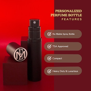 May include: A black refillable perfume bottle with a silver atomizer. The bottle is on a red surface with a brown surface to the right. The text "PERSONALIZED PERFUME BOTTLE FEATURES" is at the top of the image. The text "Re-fillable Spray Bottle", "TSA Approved", "Compact", and "Heavy Duty & Luxurious" is listed below the bottle.