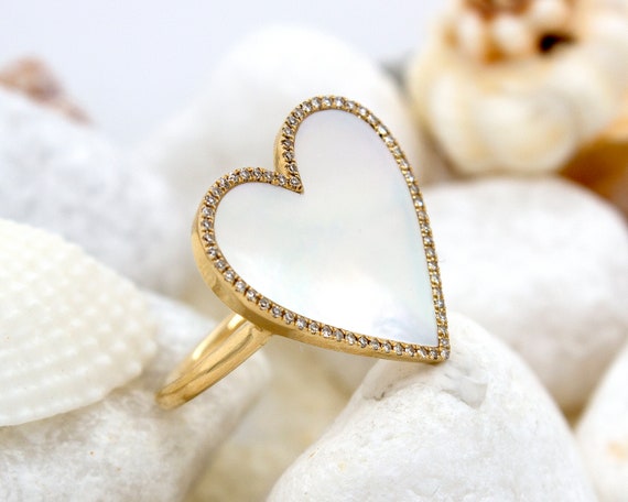 Pearl Heart Ring 14k Yellow Gold Gift for Wife Diamond Ring With Pearl Anniversary Gift for Her Pearl Jewelry Large Heart Ring Birthday Gift Etsy