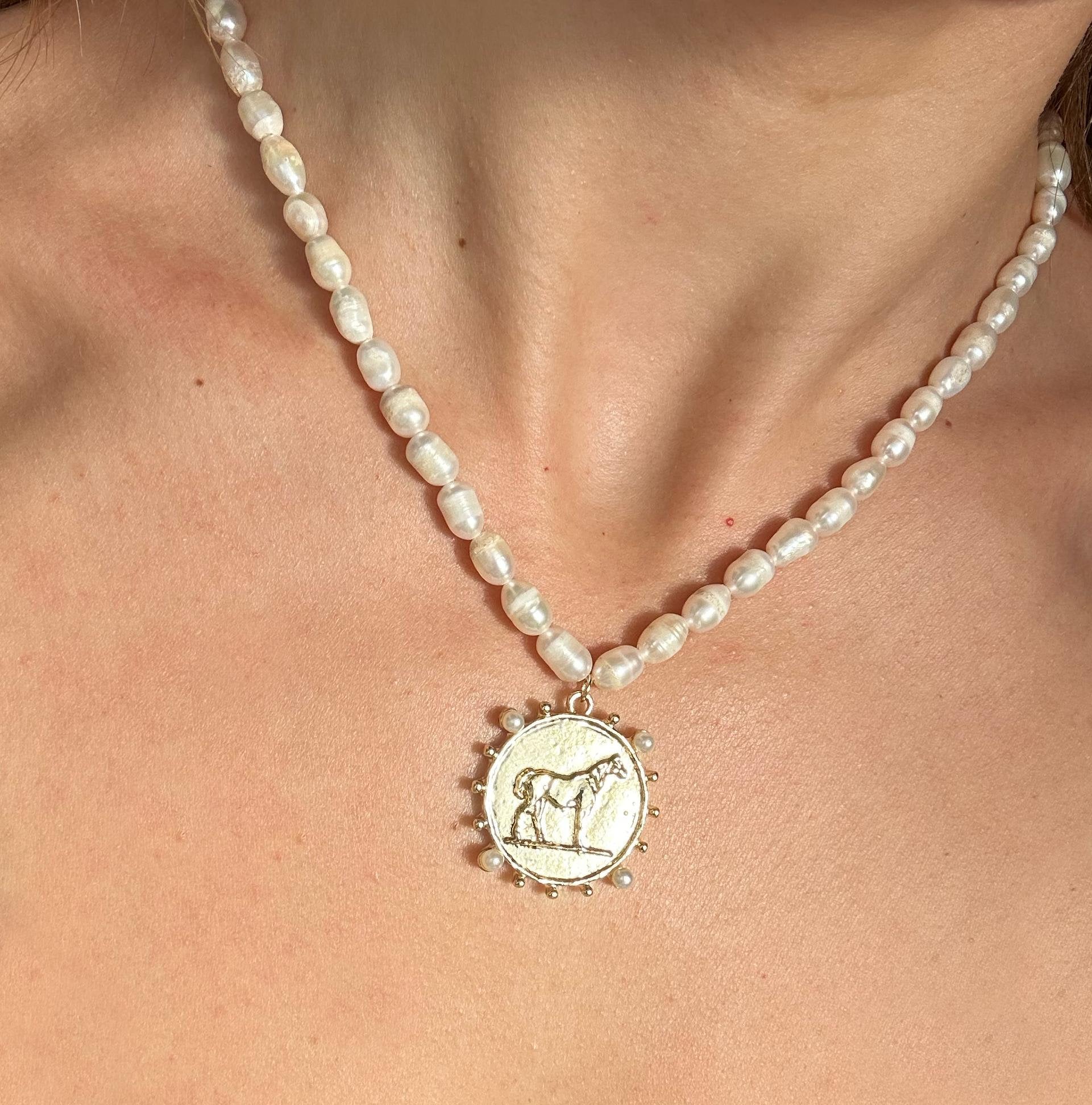 Süßwasser Perle Halskette Gold Anhänger Pferd Liebhaber Geschenk Reiter Halskette Pferd Schmuck Reiter Geschenk für sie Perlen Perle