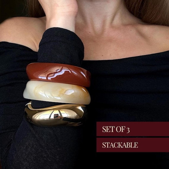 Chunky Bangle Set Trendy Jewelry Birthday Gift For Her Statement Jewelry Holiday Gift Idea Thick Brown Bangle Wide Gold Mothers Day Gift