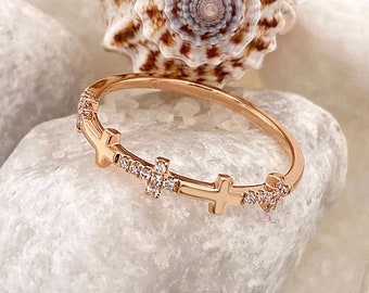 Cross Ring 14k Rose Gold Ring Diamond Cross Stackable Ring Rose