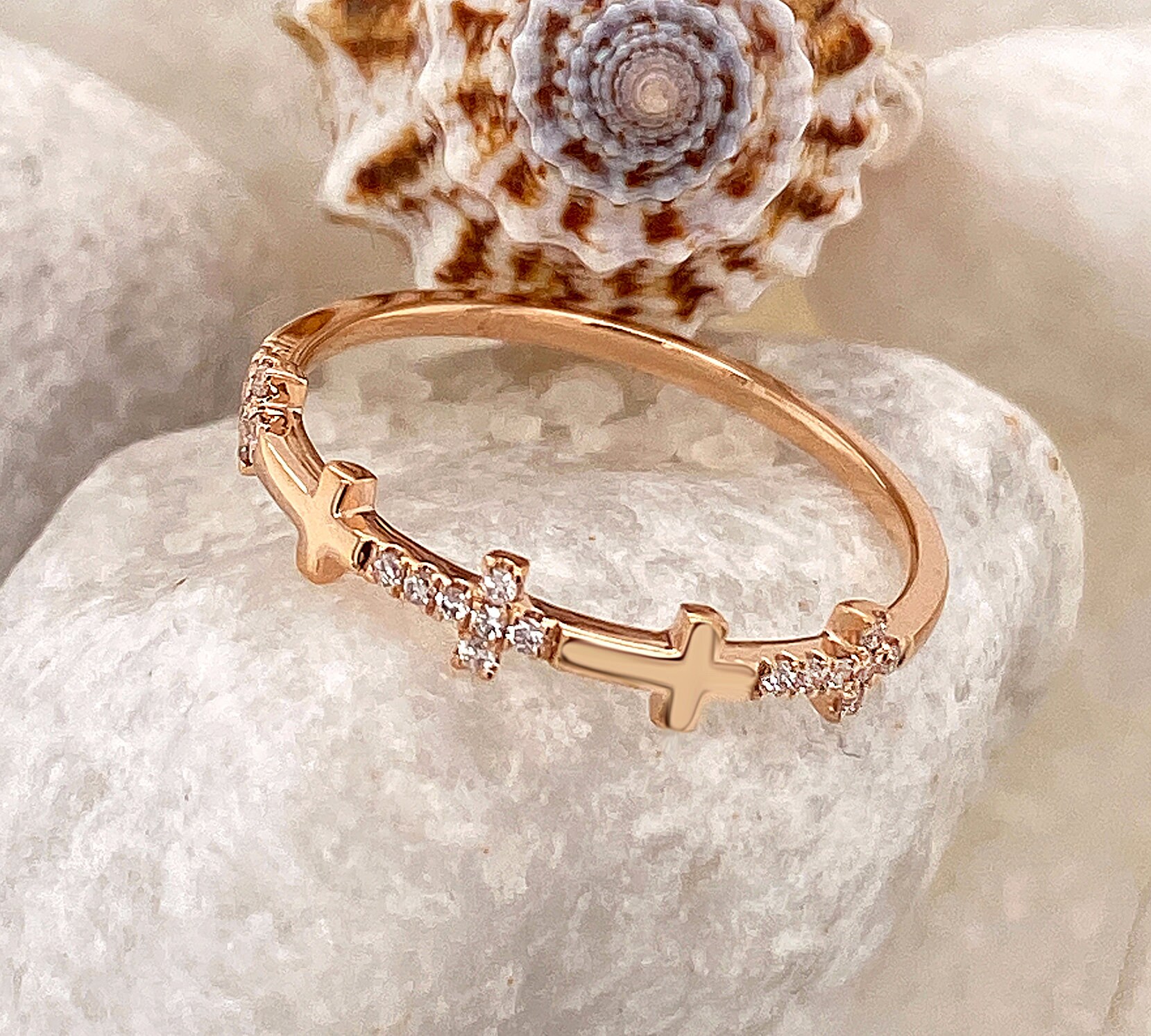Cross Ring 14k Rose Gold Ring Diamond Cross Stackable Ring Rose