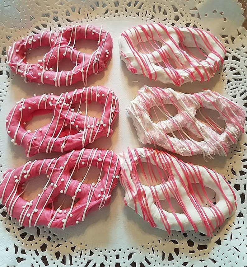 1 dozen Pretzel Twists Bright Pink & White Chocolate Covered image 1