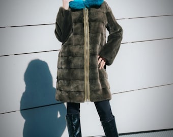 Real Chaki Full Skin Mink Fur Coat with hood