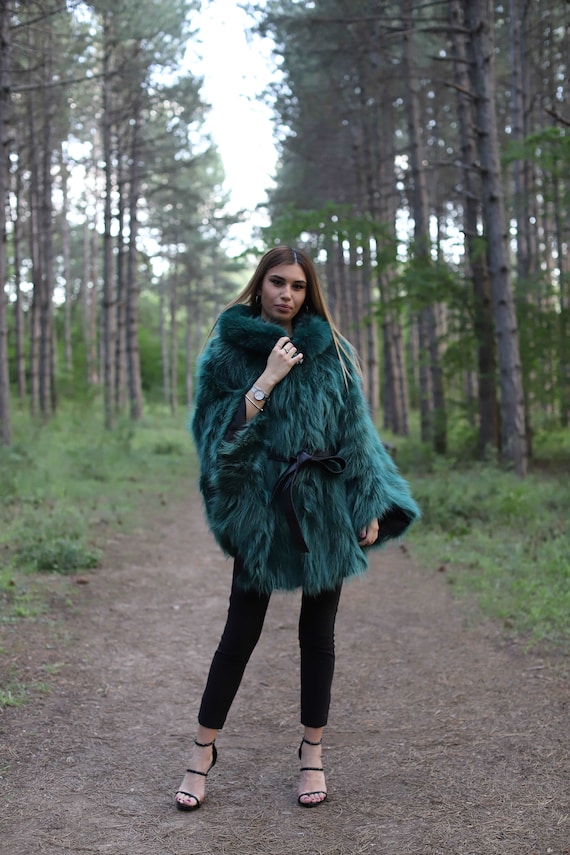 Long Green Racco n Real Fur Cape Etsy