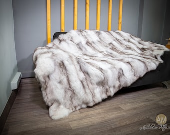 Luxury Real Blue Fox-Half Skin Fox Fur Throw Blanket