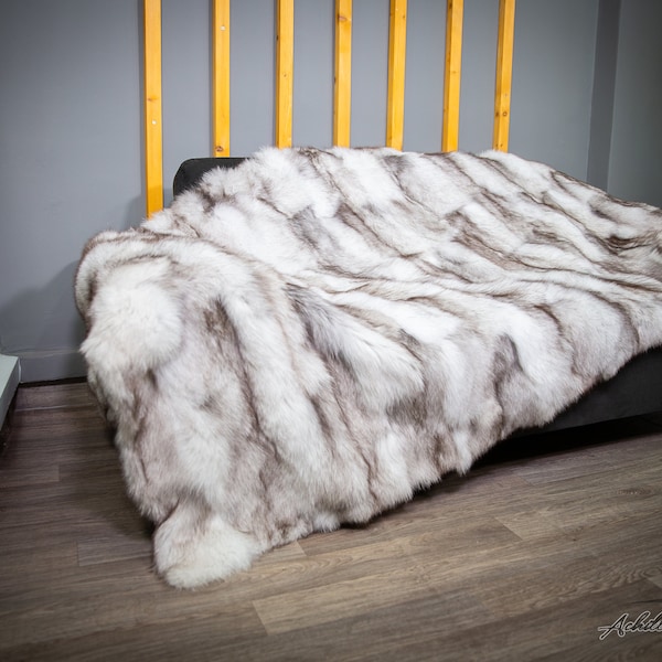 Luxury Real Blue Fox-Half Skin Fox Fur Throw Blanket