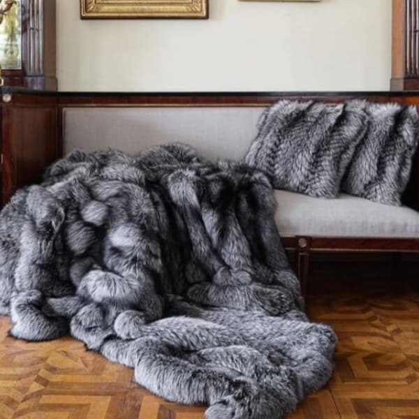 Luxury Real 5 Star Finlandia Silver Full Skin Fox Fur Throw Blanket