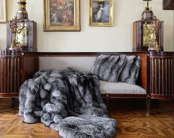 Luxury Real 5 Star Finlandia Silver Full Skin Fox Fur Throw Blanket