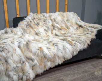 Luxury Real Golden Ice Fox Fur Throw Blanket