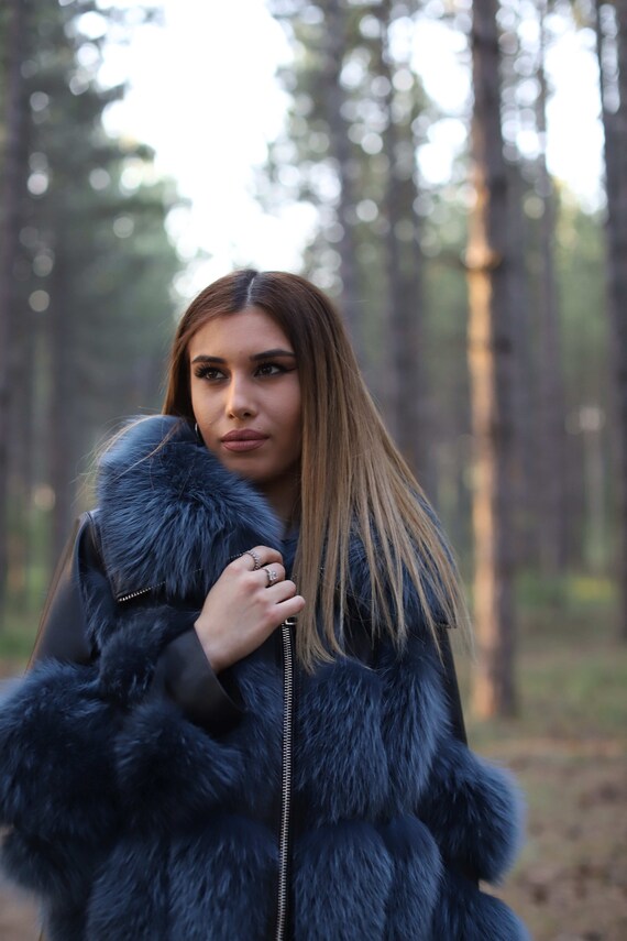 Chaqueta corta de piel real azul marino Fox con cuero Etsy Espa a