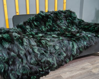 Luxury Real Silver Green Fox Fur Throw Blanket