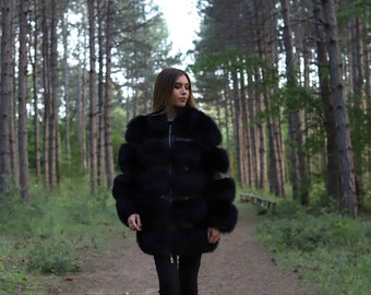 Luxury Double Sided Full Length Saga Blue Fox Fur Coat With Huge