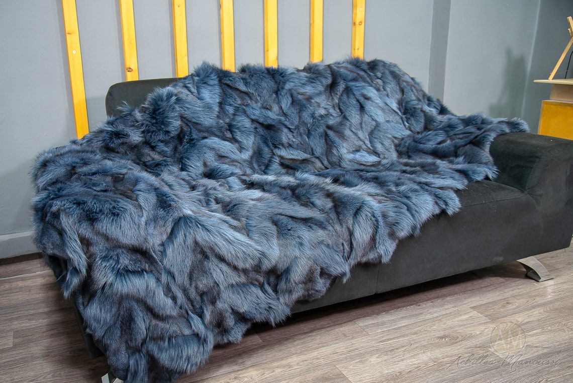 Luxury Real Navy Blue Fox Fur Throw Blanket Etsy