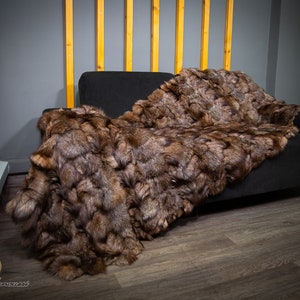 Luxury Real Crystal Dark Fox Fur Throw Blanket