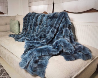 Luxury Real Ocean Blue Fox Fur Throw Blanket