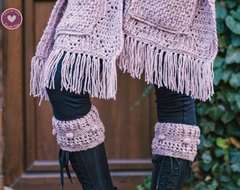 Crochet Pattern Set: Diamond Ivy Hooded Pocket Shawl Crochet Pattern and Boot Cuffs, Wrap With Pockets Crochet Set PDF