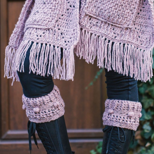 Crochet Pattern Set: Diamond Ivy Hooded Pocket Shawl Crochet Pattern and Boot Cuffs, Wrap With Pockets Crochet Set PDF