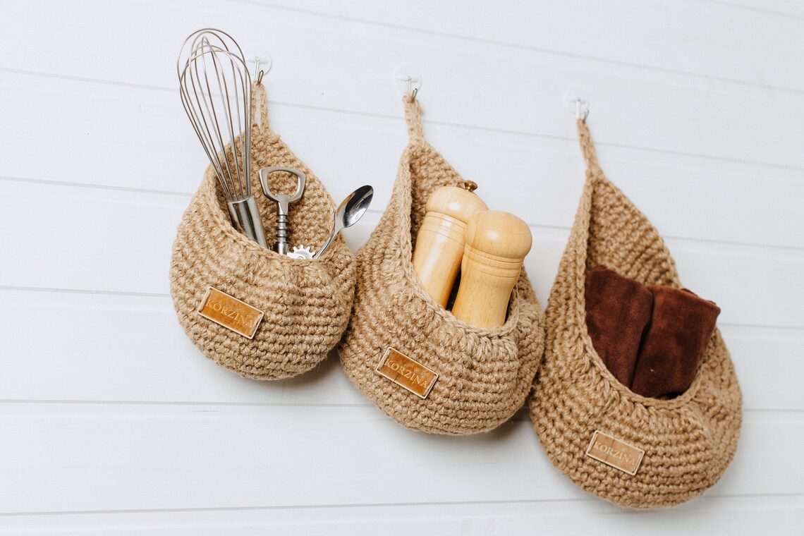 Kitchen storage hanging basket set of 3 jute baskets for Etsy