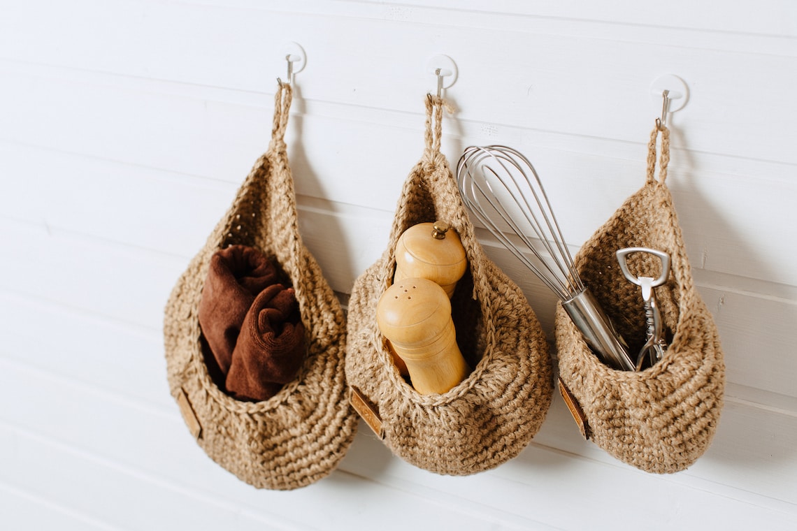 Kitchen storage hanging basket set of 3 jute baskets for Etsy
