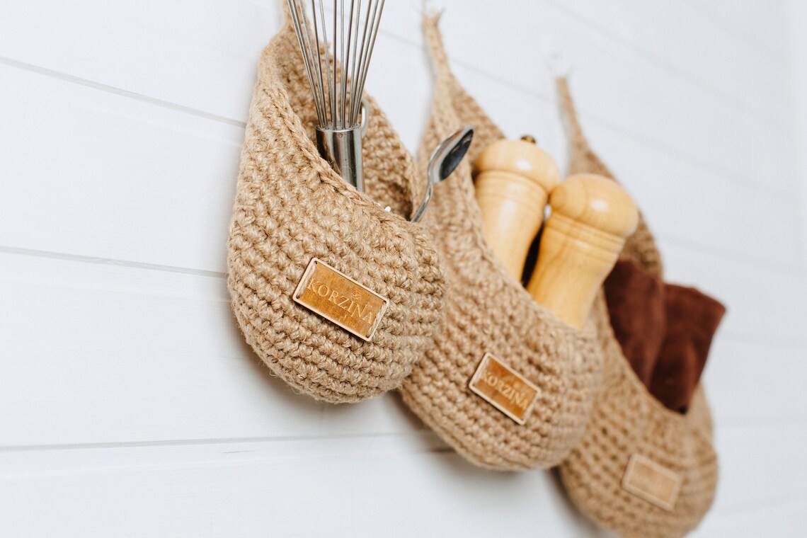 Kitchen storage hanging basket set of 3 jute baskets for Etsy