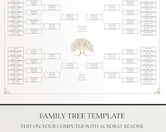 May include: A black and white printable family tree template with a gold tree illustration. The template has a title "Our Family Tree" and the text "FAMILY TREE TEMPLATE EDIT ON YOUR COMPUTER WITH ACROBAT READER".