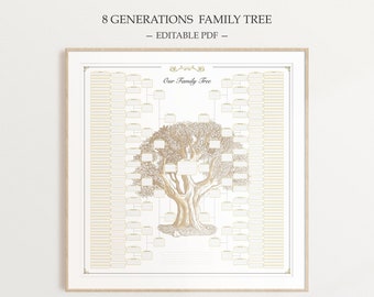 Plantilla rellenable de gráfico de árbol genealógico, Historia de 8 generaciones, Regalos de genealogía, Investigación genealógica, Gráfico de antepasados