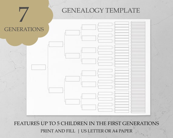 Genealogy Worksheet Printable Family Tree Template Pedigree Chart 7  Generations Family Tree Chart Genealogy Organizer Template Download 