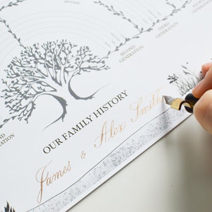 A calligrapher's hand is writing the names below the family tree chart with gold ink