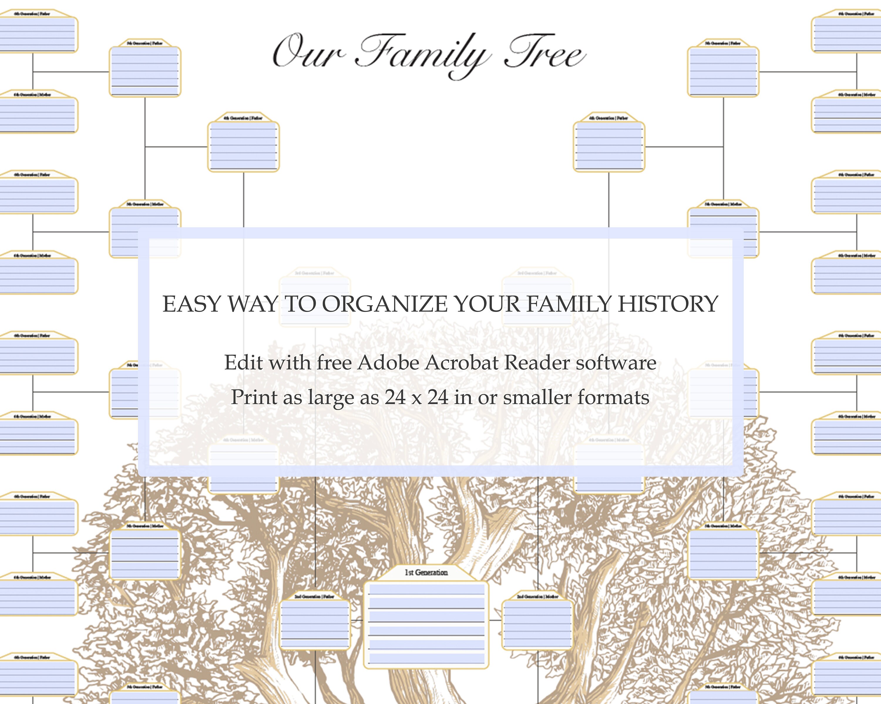 Family Tree Chart Fillable Template, 8 Generations History, Genealogy ...