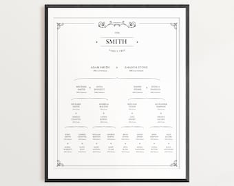 May include: Black and white family tree chart with the last name "Smith" at the top. The chart shows the names of family members and their relationships to each other.