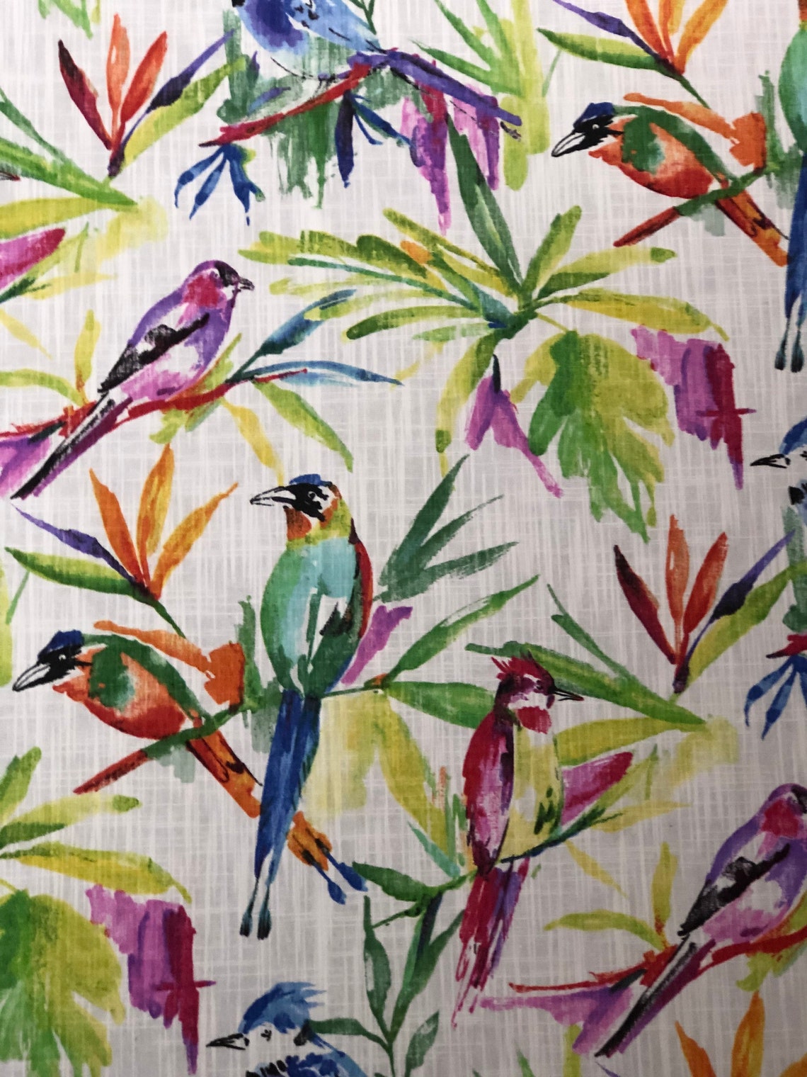 Bird print tropical style upholstery or drapery fabric by Etsy