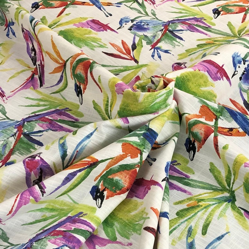 Bird print tropical style upholstery or drapery fabric by Etsy