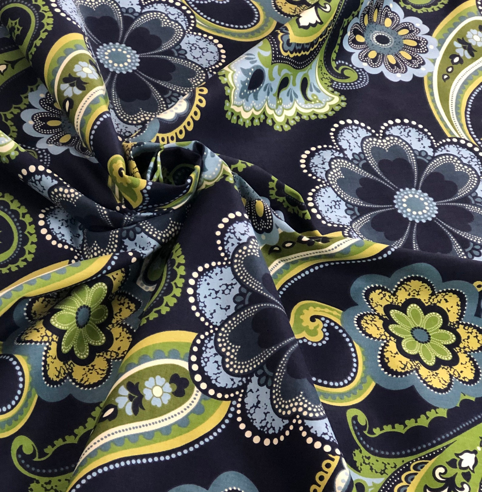 Navy Light Blue Green Floral Cotton Upholstery or Drapery - Etsy