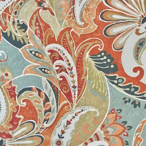 Coral, Burnt Orange, Gray, Paisley Upholstery or Drapery Fabric By The Yard