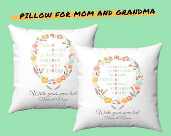 May include: Two white pillowcases with floral wreaths and text. The left pillowcase has the words "Warm, Loving, Beautiful, Teacher, Patient, Strong" inside the wreath. The right pillowcase has the words "Thoughtful, Storyteller, Amazing, Inspiring, Wonderful, Admirable, Caring" inside the wreath. Both pillowcases have the text "Write your own text Name & Name" at the bottom.