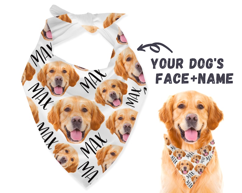 May include: White bandana with a repeating pattern of a golden retriever dog's face and the name "Max" in black text. The bandana is tied around the neck of a golden retriever dog.