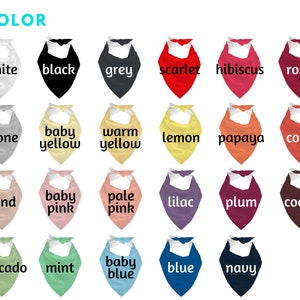 May include: A chart of 20 different colored bandana swatches with the color name written below each swatch.