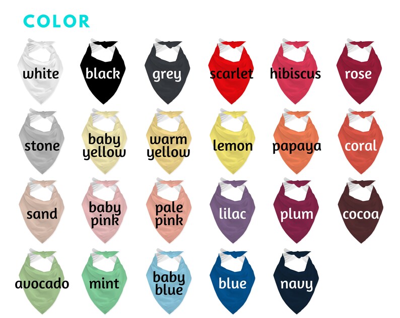 May include: A chart of 20 different colored bandana swatches with the color name written below each swatch.