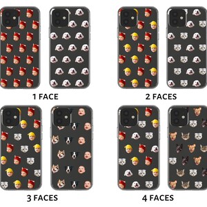 May include: Ten clear phone cases with different patterns. Each case features a repeating pattern of either a person's face or a dog or cat's face. The cases are labeled with the number of faces on each case: 1 face, 2 faces, 3 faces, and 4 faces.