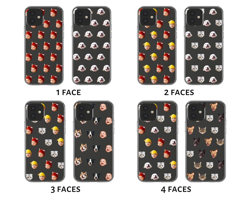 May include: Ten clear phone cases with different patterns. Each case features a repeating pattern of either a person's face or a dog or cat's face. The cases are labeled with the number of faces on each case: 1 face, 2 faces, 3 faces, and 4 faces.
