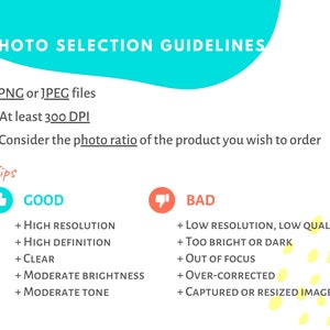 May include: Photo selection guidelines for Etsy listings.  Tips for good photos include high resolution, high definition, clear, moderate brightness, and moderate tone.  Bad photos include low resolution, low quality, too bright or dark, out of focus, over-corrected, and captured or resized images.