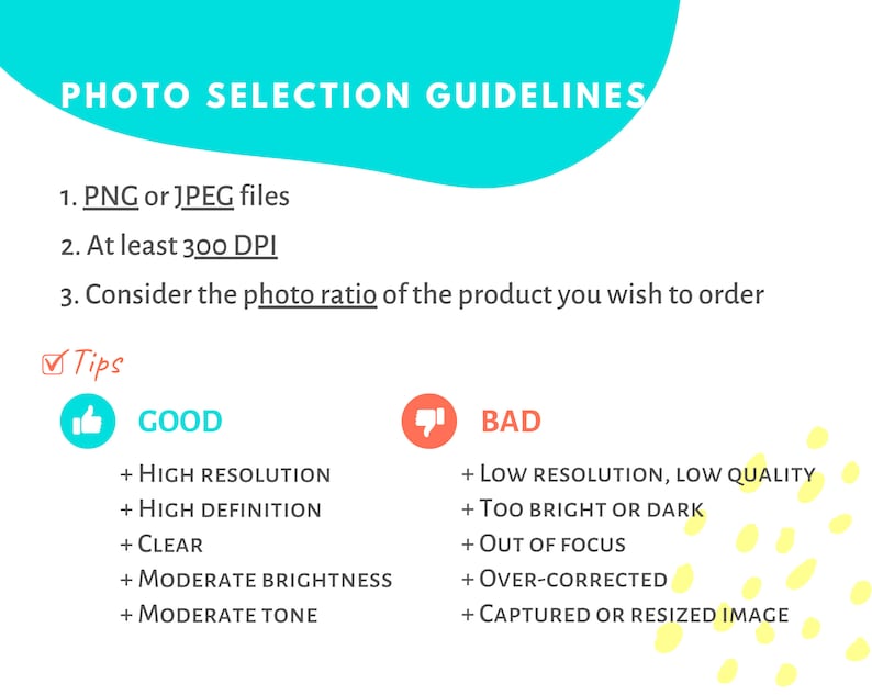 May include: Photo selection guidelines for Etsy listings.  Tips for good photos include high resolution, high definition, clear, moderate brightness, and moderate tone.  Bad photos include low resolution, low quality, too bright or dark, out of focus, over-corrected, and captured or resized images.