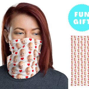 Personalized Face Pattern Neck Gaiter With Heart - Custom Face Mask Baby Couple Family Wedding Photo - Washable Face Cover Headband Bandana