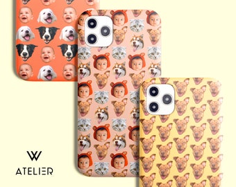 May include: Three different phone cases with a repeating pattern of faces of people and animals. The cases are all white with a black camera lens. The first case has a pink background with a pattern of people and dogs. The second case has a light pink background with a pattern of people, cats, and dogs. The third case has a yellow background with a pattern of people and dogs.