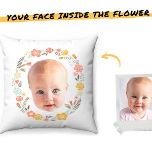 Custom Pillow Case With Baby Dog Cat Pet Photo In Flower - Personalized Floral Pillow With Any Picture - Face Pillow Cover - Moving Gift