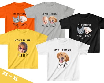 Custom Text Dog Kids Shirt - Custom Pet Photo Kids T-Shirt - Personalized Cat Picture Shirts For Birthday - Big Brother Tee - Big Sister Tee